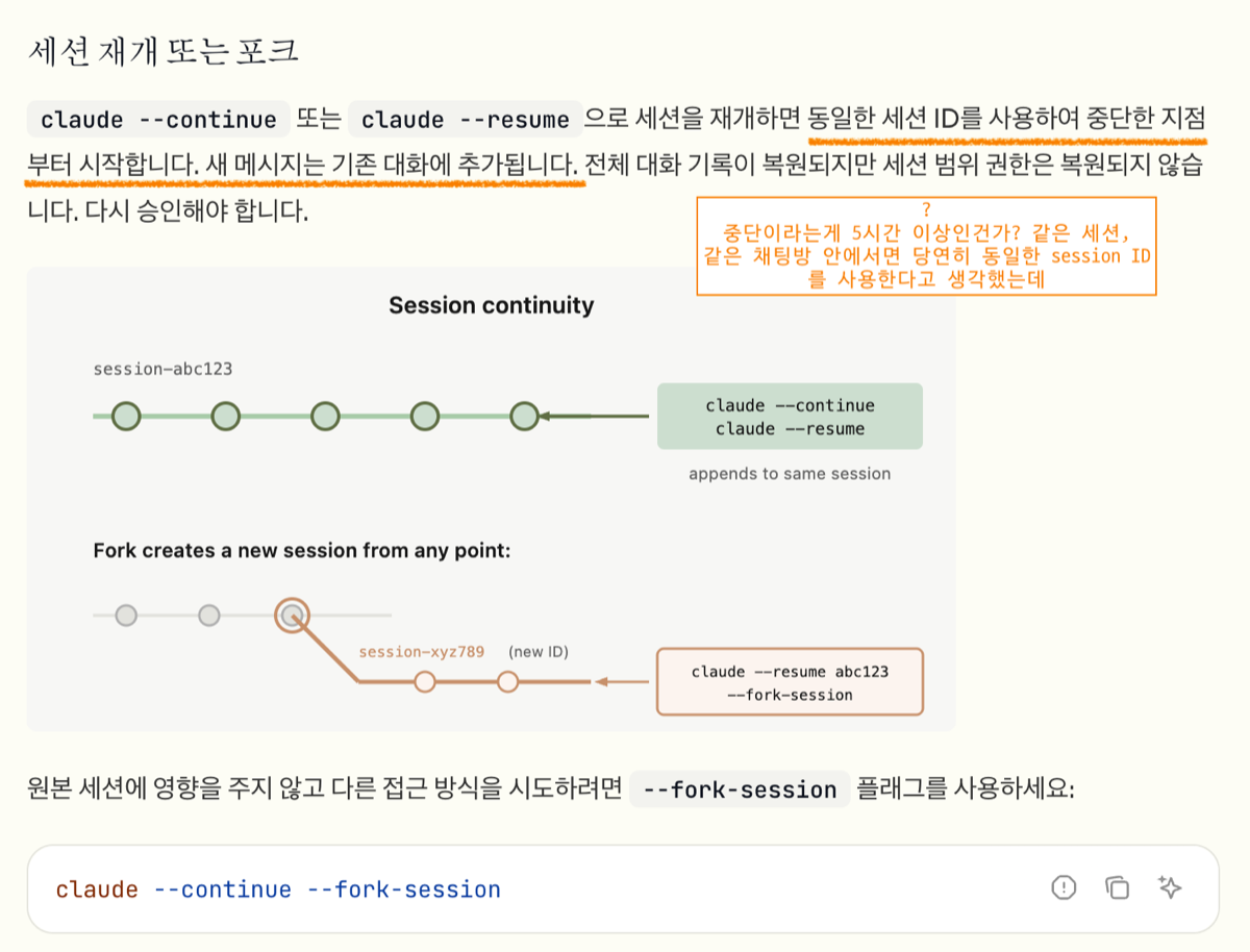 세션 재개 - continue, resume, fork-session
