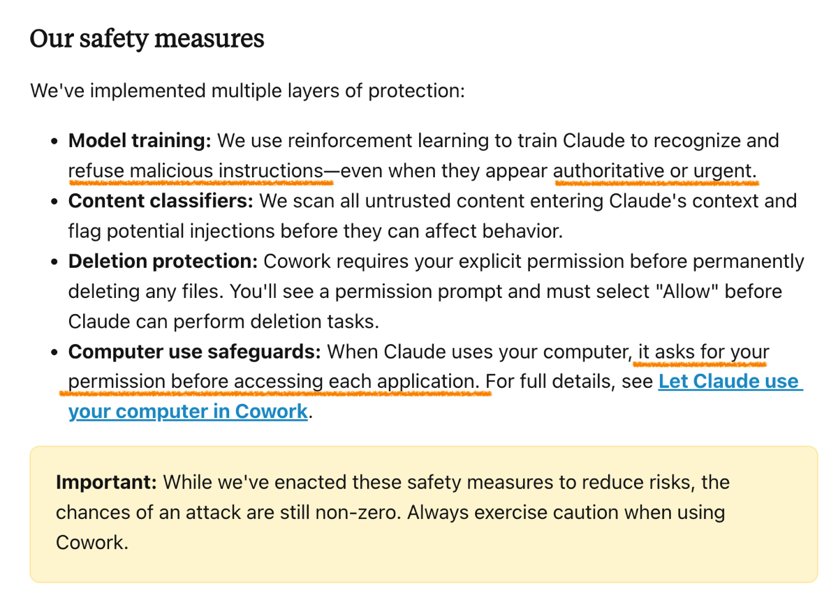 안전 장치 - malicious instructions 거부, 권한 요청